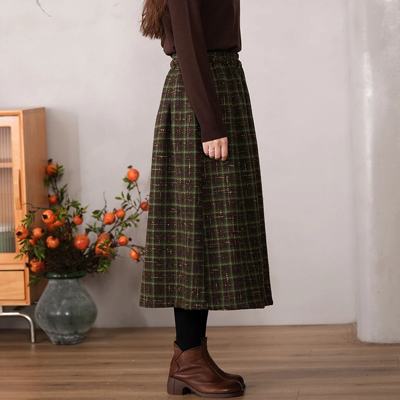 Lucyever Vintage Plaid Thicken Winter Skirts for Women 2023 Autumn High Waisted Long Woolen Skirt Women Elegant A-Line Skirts