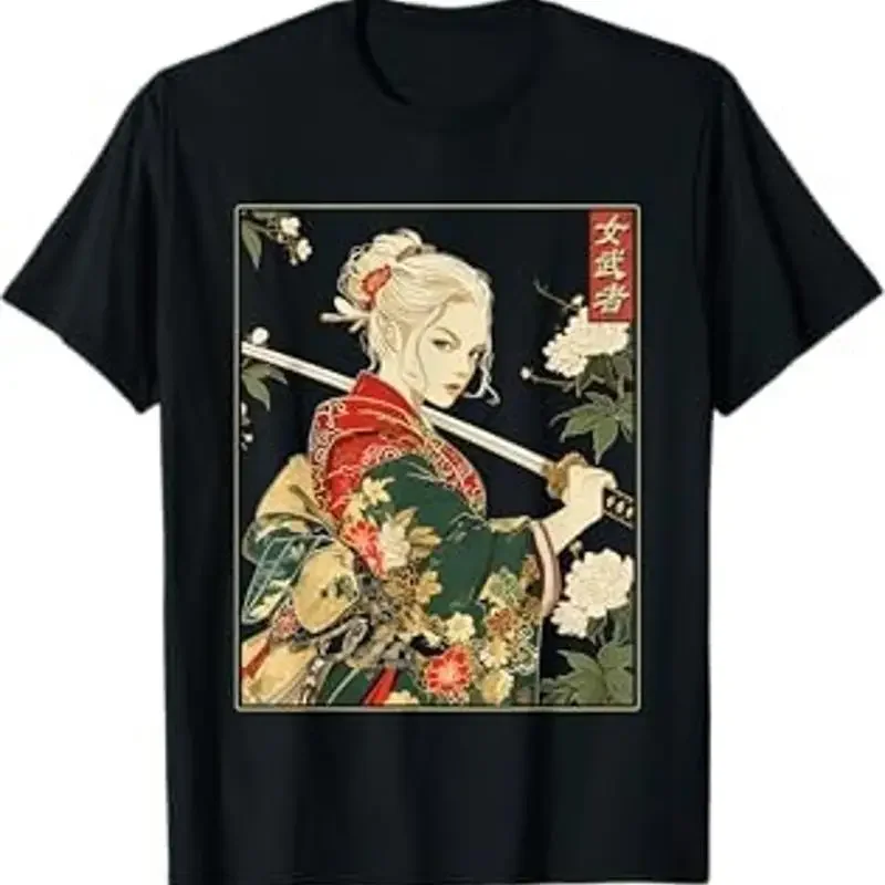 Camiseta con diseño de mujer de arte samurái gótico japonés con espada Katana