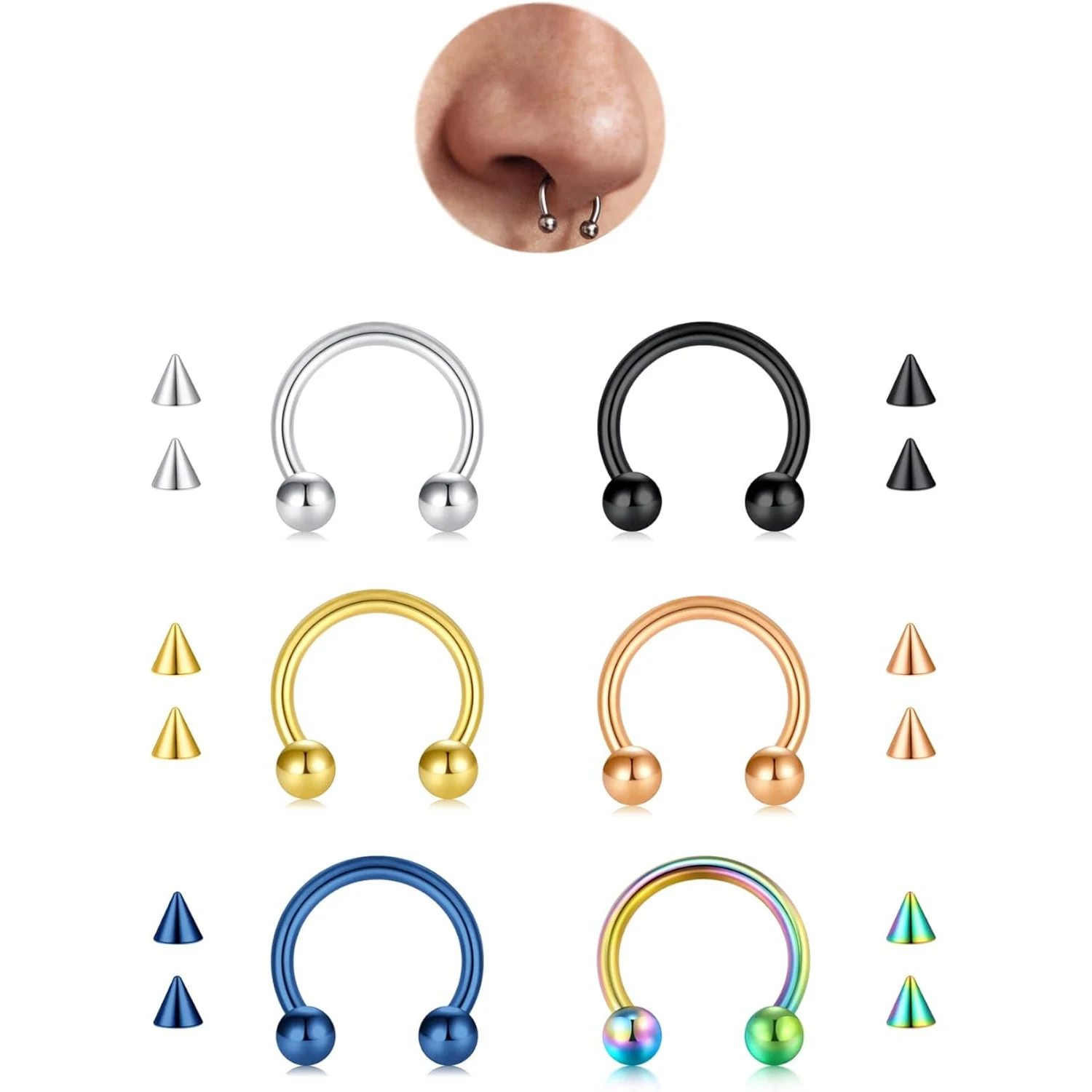 18pcs Set 16G Septum Rings Piercing Jewelry with Replacement Top Spike Nose Rings for Women Men Horseshoe Earrings