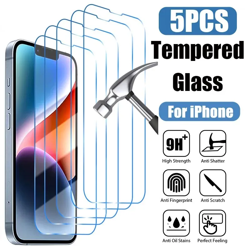 5Pcs Tempered Glass for IPhone 15 14 13 12 11 Pro Max Screen Protector for IPhone 12Mini 13Mini 7 8 14 Plus SE X XS XR Glass