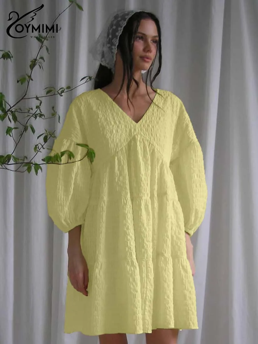 

Oymimi Casual Yellow V-Neck Women's Dress Fashion Three Quarter Sleeve Loose Dresses Autumn Pleated Mini Dress Female Streetwear