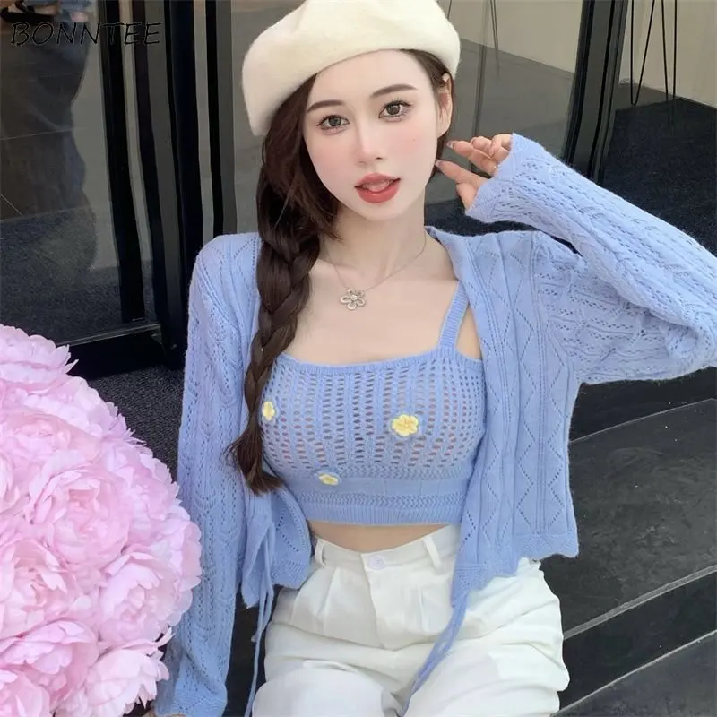 

Two Pieces Sets Women Knitted Cardigans Slim Camis Hollow Out Lace Up Korean Style Hotsweet Spring Solid Simple All-match New