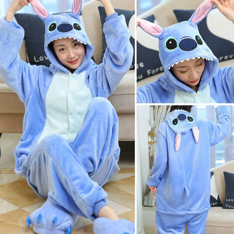 New Disney Lilo & Stitch One-Piece Pajamas Adult Children Cartoon Plush Kigurumi Onesies Winter Warm Clothes Cute Xmas Gift