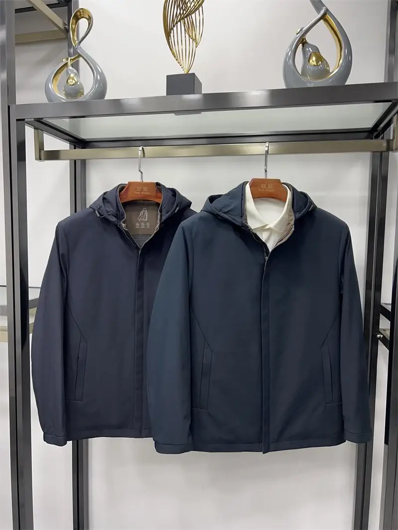 

Теплая хлопковая куртка для мужчин со съемным капюшоном, однотонная, не требует глажки, деловой стиль, стандартная длина