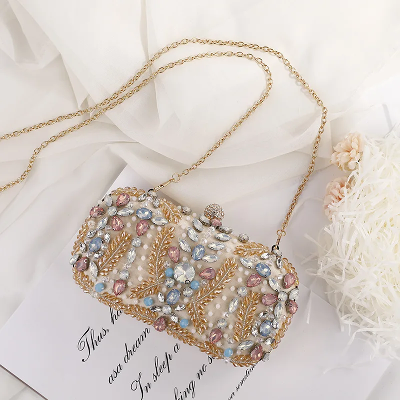 New Champagne Dinner Bag Colorful Rhinestone Handheld Bag European and American Style Women\'s Evening Dress Bag Storage Bag