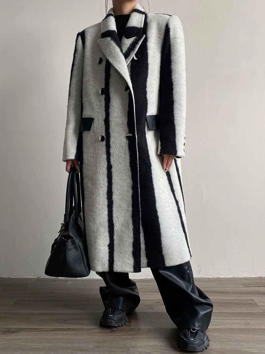 

Color Matching Irregular Black and White Striped Woolen Overcoat Women's Clothes European and American Trend Loose Trench Coat