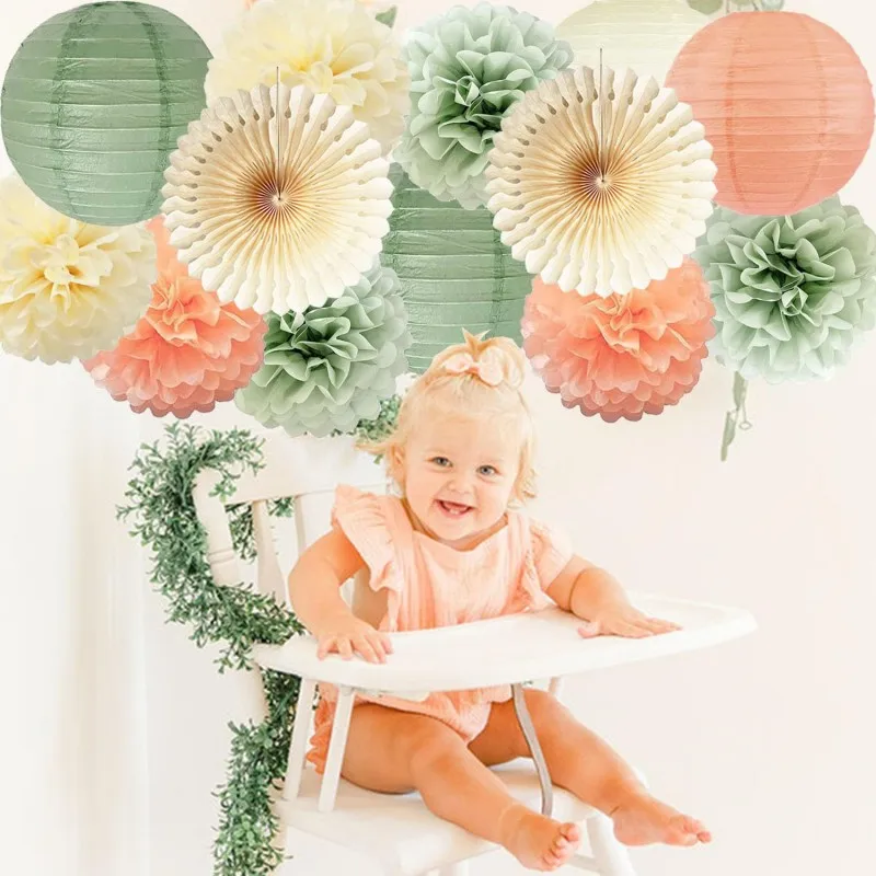 Bebê menino menina 1st aniversário festa favor pêssego rosa conjunto bola de papel redonda lanterna dobrável batismo decoração casamento sage verde pompom