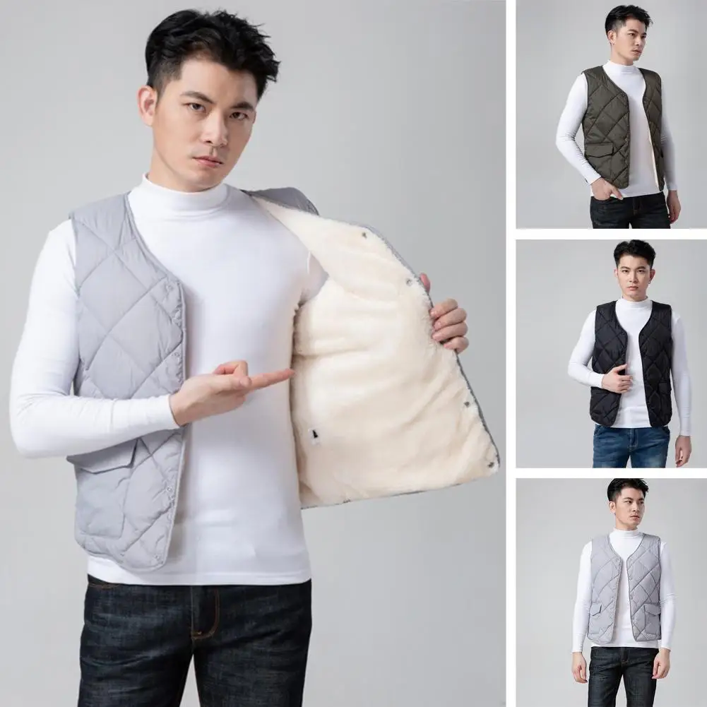 Men Winter Fall Vest Coat Padded Thick Single-breasted Sleeveless Vest Jacket Windproof Warm Plush Father Cardigan Waistcoat