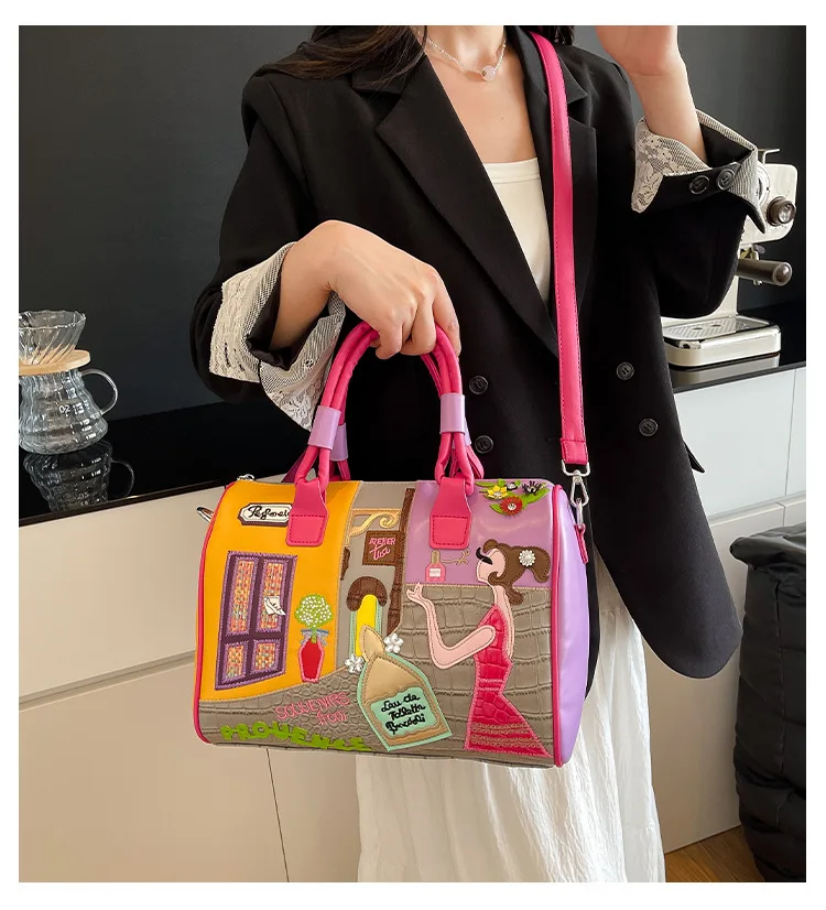 

Large Capacity Boston Bag, Elegant Embroidered Patchwork Design, Versatile Shoulder Handbag & Crossbody Pillow Bag for Women