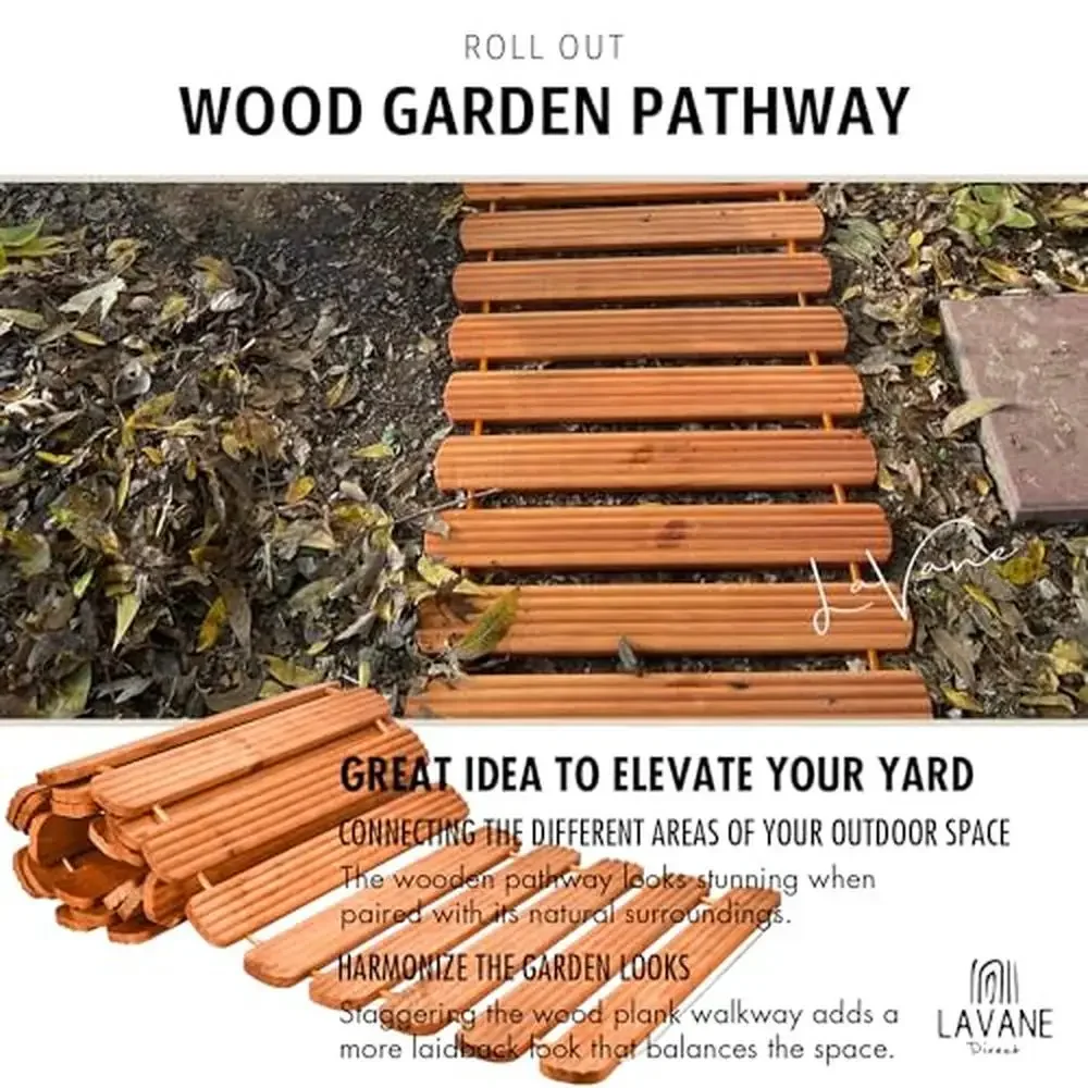 12ft Cedar Wood Garden Pathway Flexible Connection Non-Slip Surface Weather-Resistant Outdoor Roll Out Boardwalk Rustic Decor