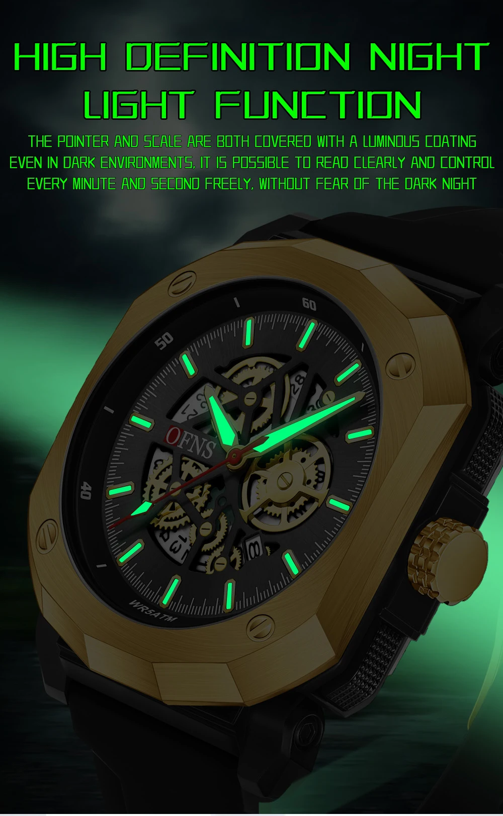 OFNS nuevo 8042 reloj de cuarzo de moda para hombres ahueca hacia fuera el reloj de cuarzo multifuncional impermeable con calendario y luz nocturna para hombres