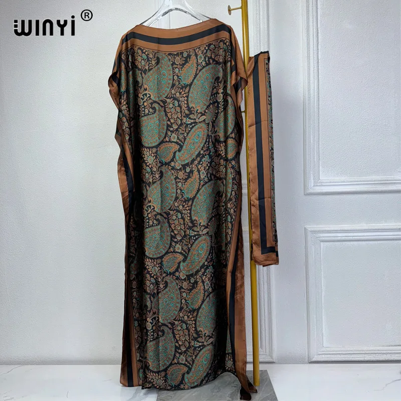 

WINYI 2024 New African Women Dashiki boho print muslim woman dubai Free Size Design With Scarf Maxi Loose African Elegant Dress