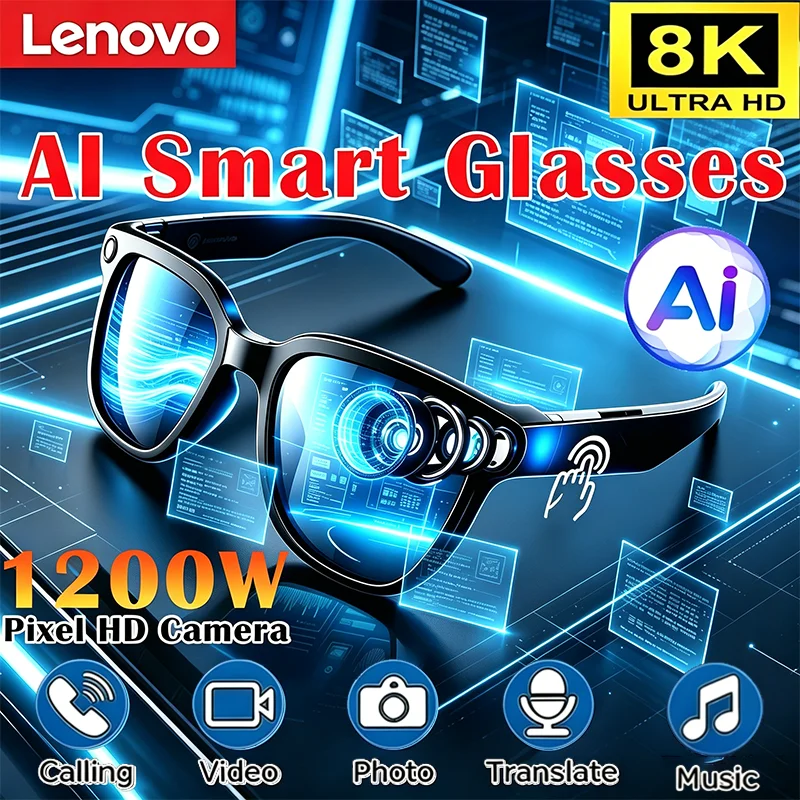 Óculos Inteligentes AI Lenovo 2026 Novos com Controle por Toque 8K, Gravação de Fotos, Tradutor de Vídeo, Assistente de Voz, Óculos de Sol Bluetooth Sem Fio
