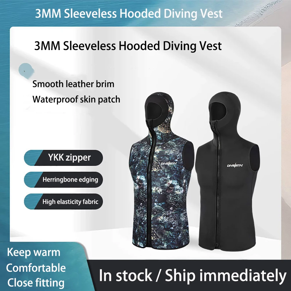 

3MM Sleevesless Diving Vest Hooded Diving Suit Warm Full Zip Surfing Swimming Snorkeling Suit Drifting Jacket Wetsuits Top