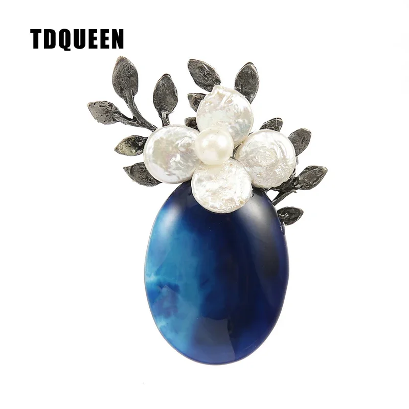 TDQUEEN Brooches Natural Stone Women Brooch Antique Silver Plated Safety Pin Jewelry Baroque Pearl Flower Brooch