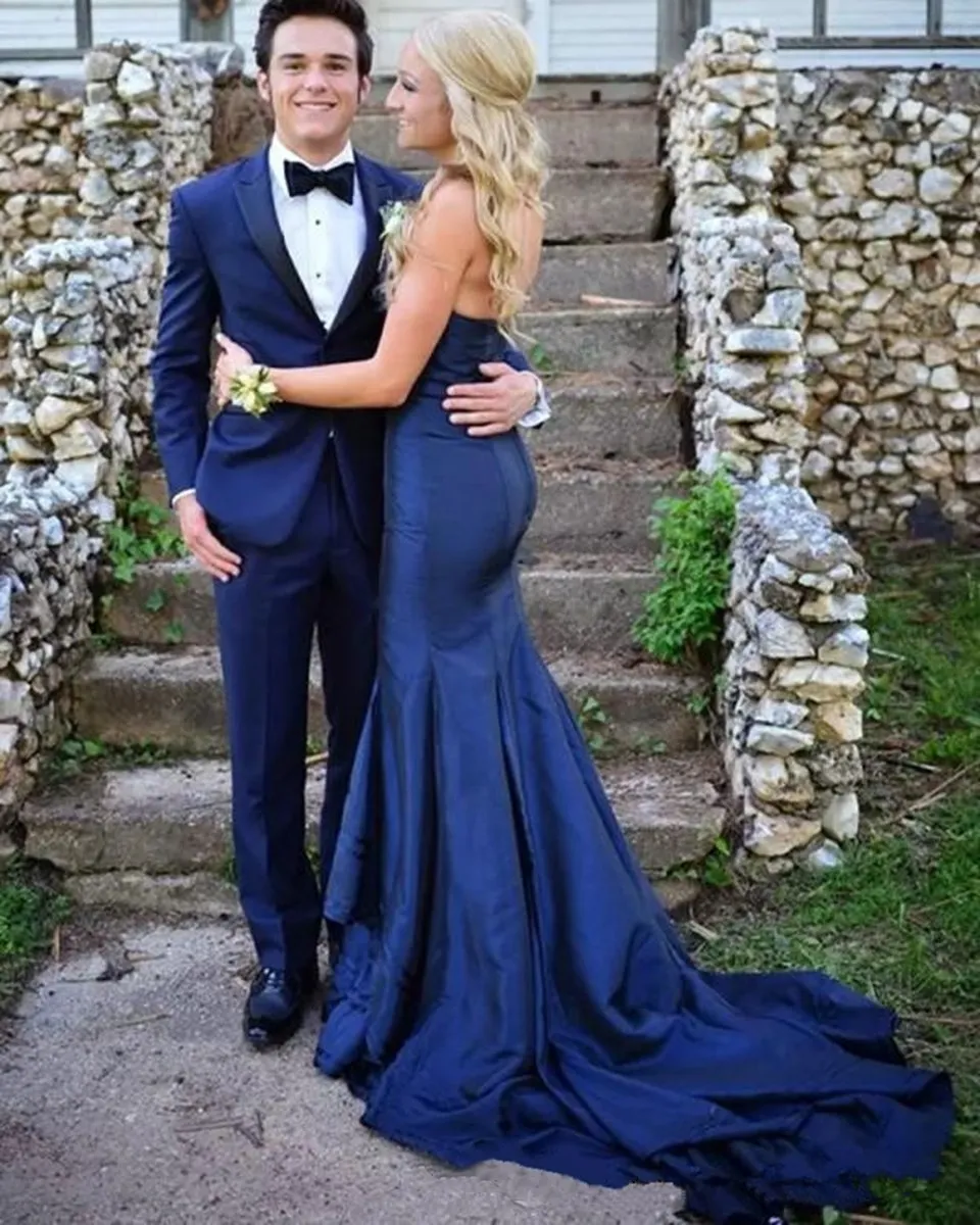 Navy Blue Mermaid พรหมชุด Eveving ชุดซาตินผู้หญิงอย่างเป็นทางการ Party Night 2022แขนกุด Elegant Backless ยาว Robe De Soirée