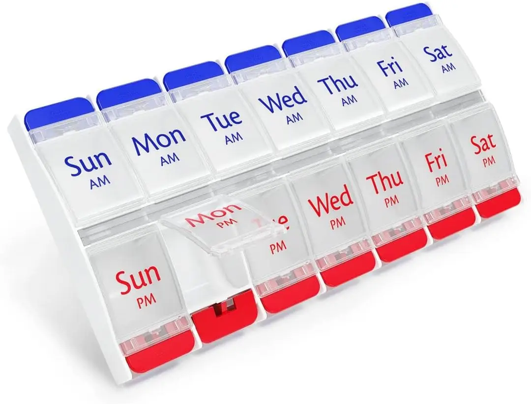 Pastillero para 7 Días, con Botón de Presión, 2 Tomas Diarias AM/PM, Compartimentos Grandes, Apto para Personas con Artritis, Tapas Transparentes, Rojo/Azul, Libre de BPA