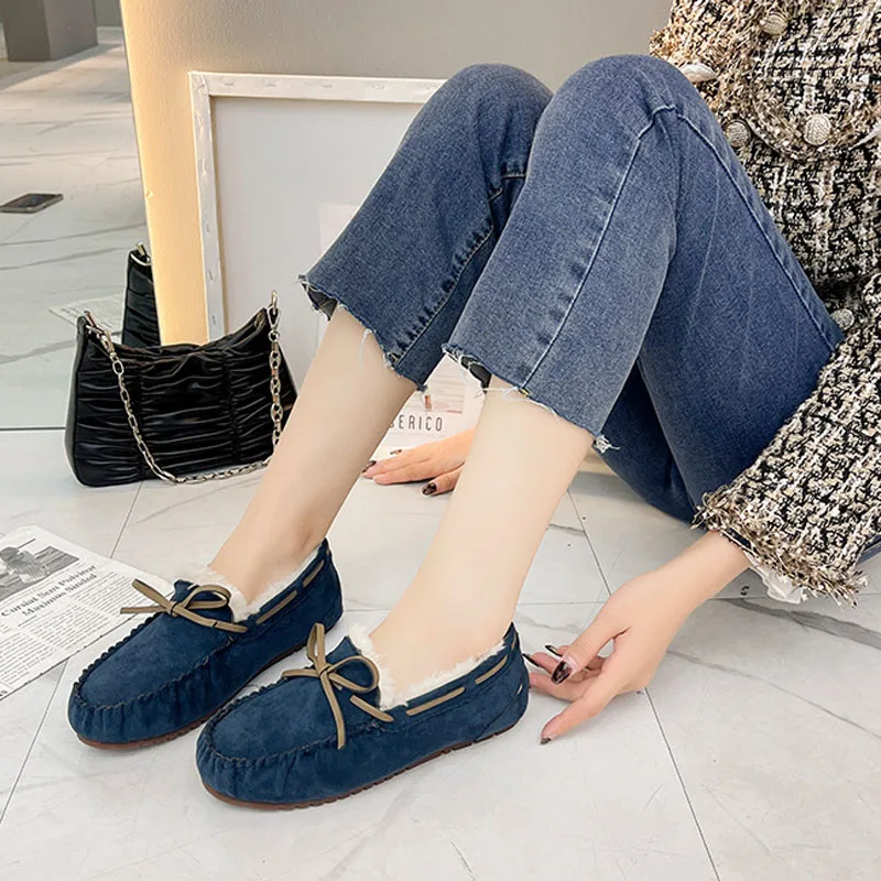 Winter Women Shoes Flat Loafers Warm Plush Inside Slip-On Casual Ladies Shoes Non-Slip Bottom Bowtie Home Slippers Shoes WSH4236