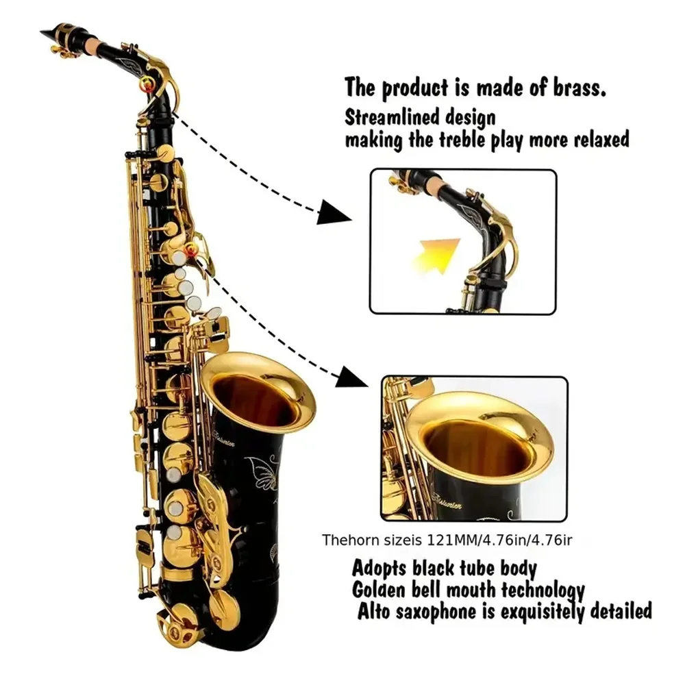 

Professional alto saxophone set hand carved, brass plated with black gold suitable for beginners and professionals with a box