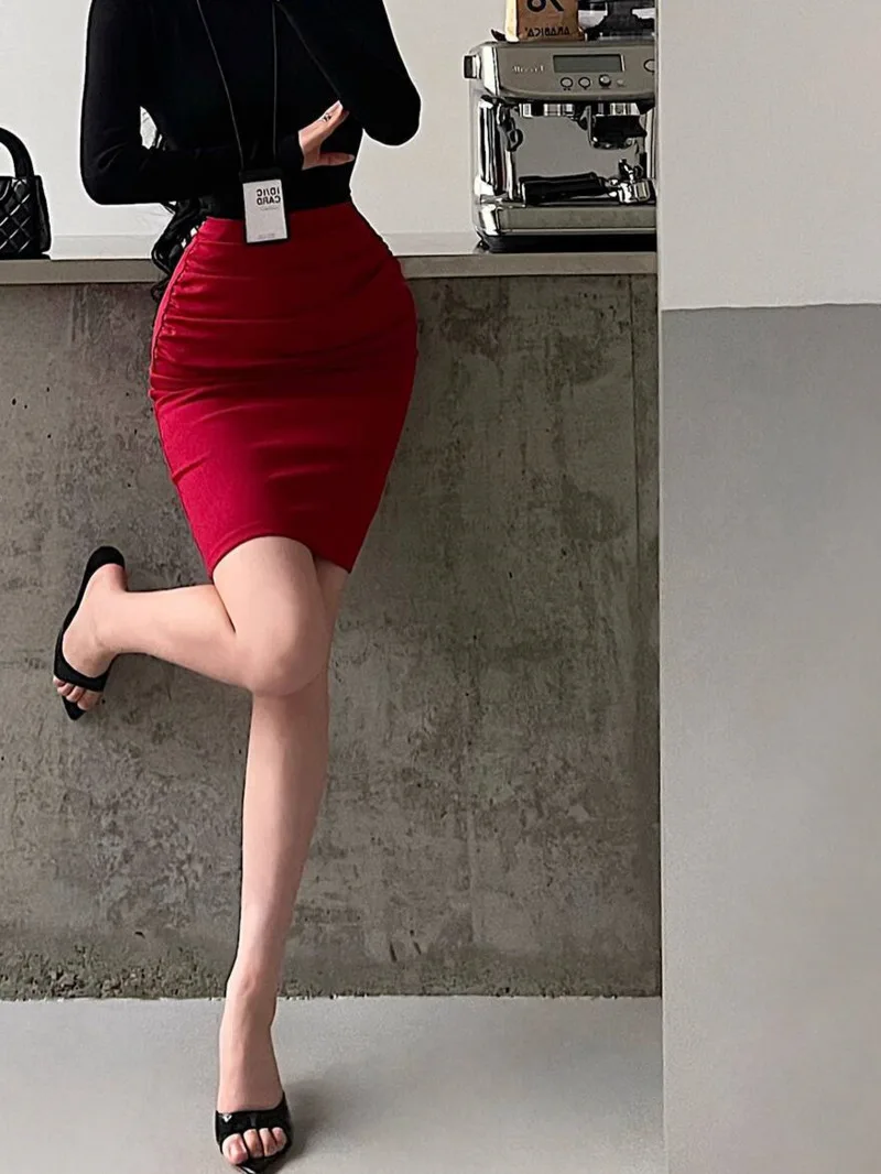 韓国風セクシーOLハイウエストギャザー入りヒップスリットミディ丈ボディコンスカートファッションセクシー女性ミニスカート2025新作BL9X