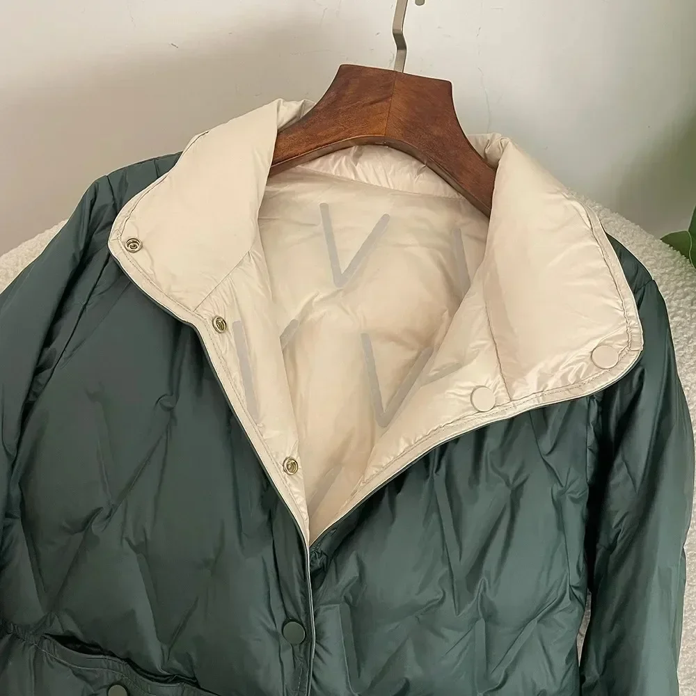 Veste réversible à col montant pour femme, manteaux légers mi-longs, en duvet de canard blanc 90%, ample et décontracté, automne-hiver 2025