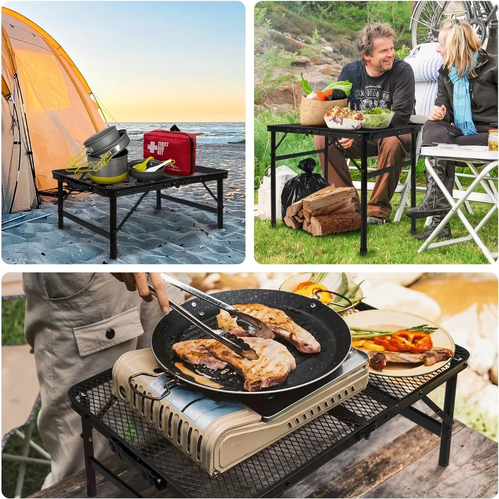 Folding Grill Table Camping Table with Mesh Desktop, Lightweight & Portable Outdoor Picnic Table, Height Adjustable Portable