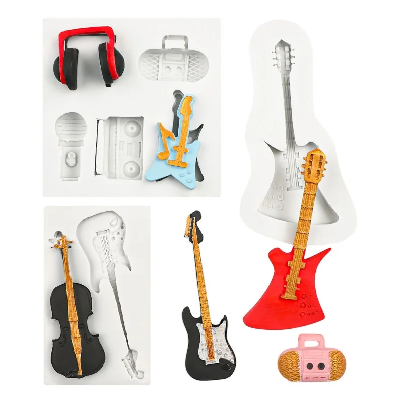 Musical Instrument Silicone Mold 3D Guitar Music Note Microphone Fondant Chocolate Cake Decor Mould Resin Clay Mold Baking Tools