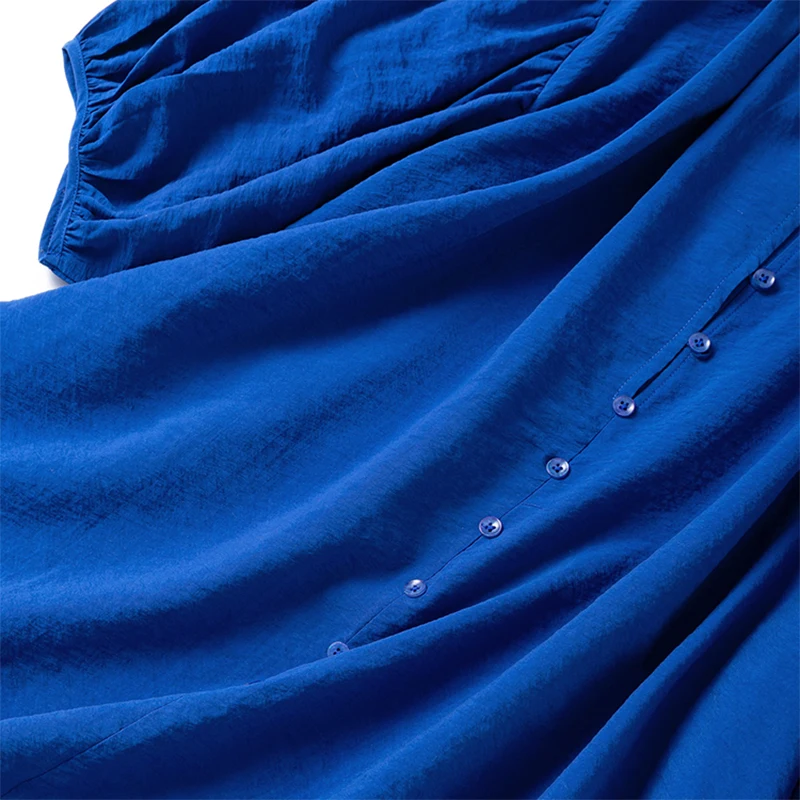 فستان حريري نسائي 76% حرير التوت 24% نايلون أزرق ملكي اللون شق الرقبة فانوس كم قصير طول الركبة قميص فستان M1320