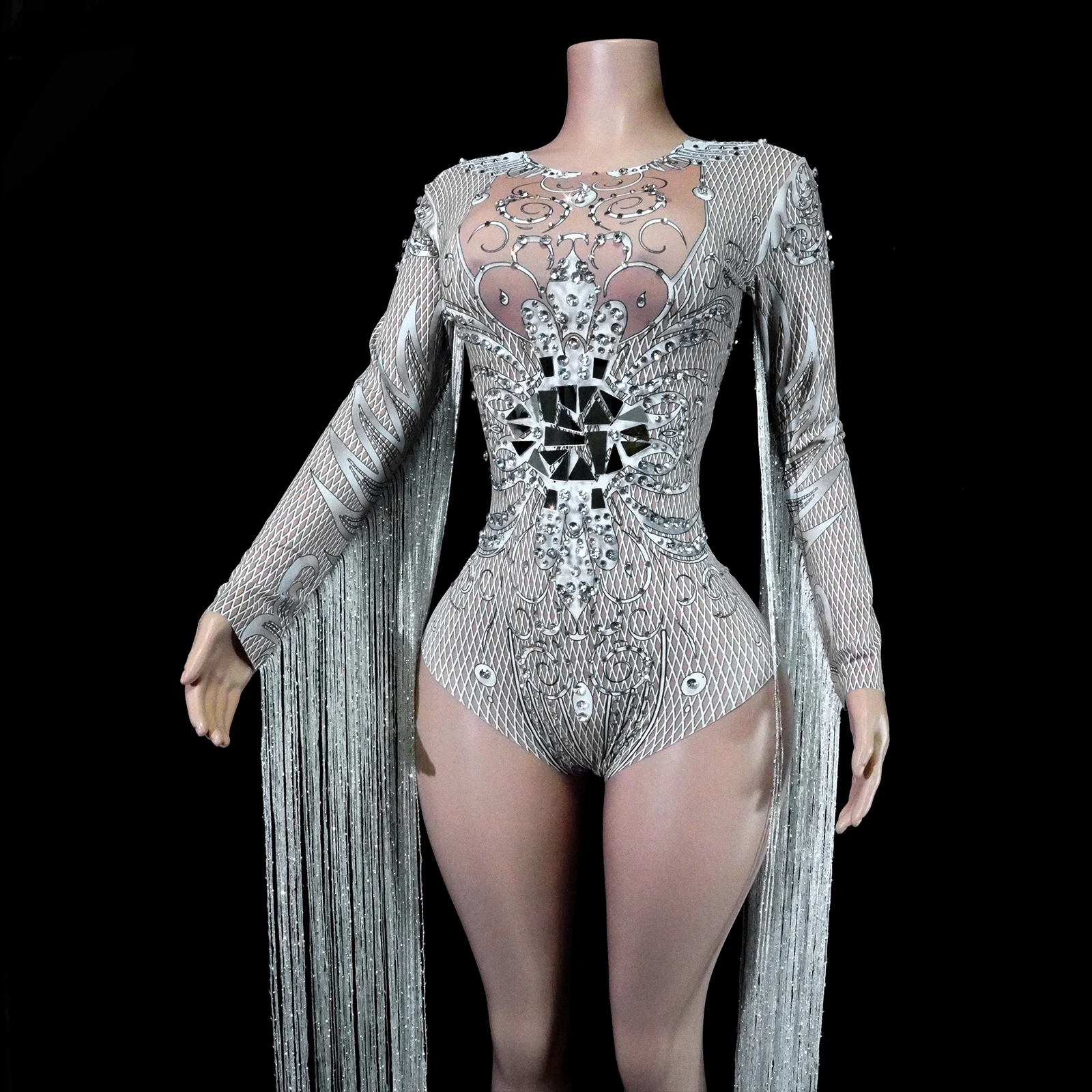 

Сексуальный блестящий зеркальный белый купальник со стразами и бахромой для выступлений, сценической вечеринки, наряд королевы дракона, боди для ночного клуба, рейв, одежда