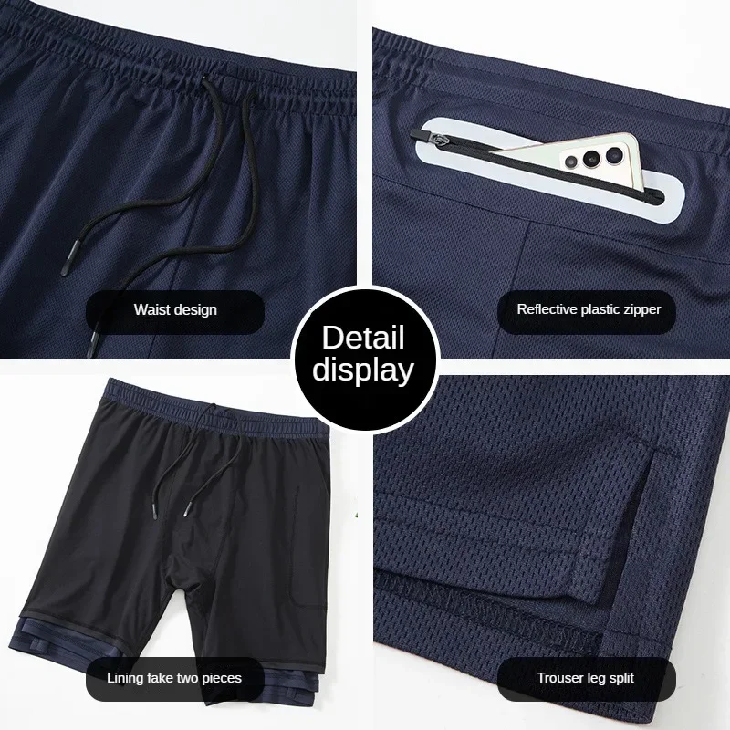 Sports Shorts Men Double Deck Running Training Shorts Jogging Fitness Clothing Gym Wear Workout Clothes Beach Short Pants Pocket