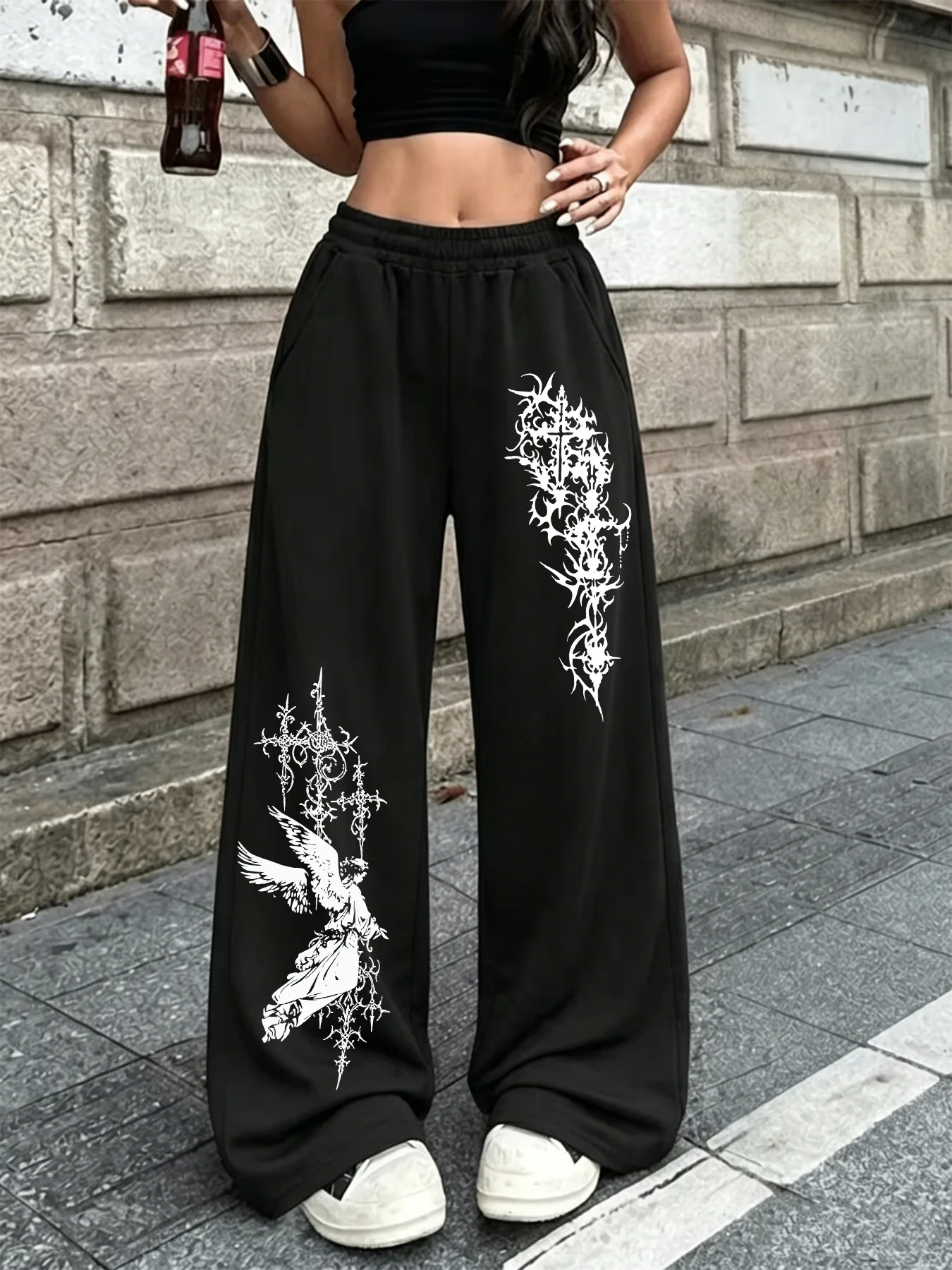 New Women's Plus Size Angel Cross Print Pants Fleece Elastic Waist Straight Leg Sweatpants Fashionable and Versatile