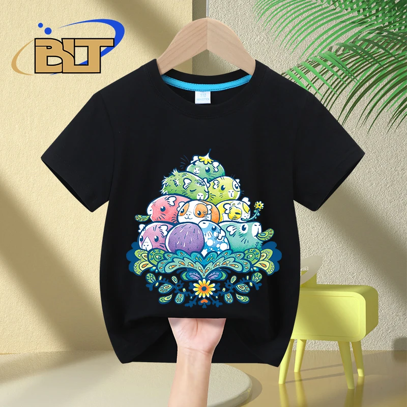 Flowers Piggy Pile in Blue printed kids T-shirt summer children's pure cotton short-sleeved casual tops boys and girls gifts