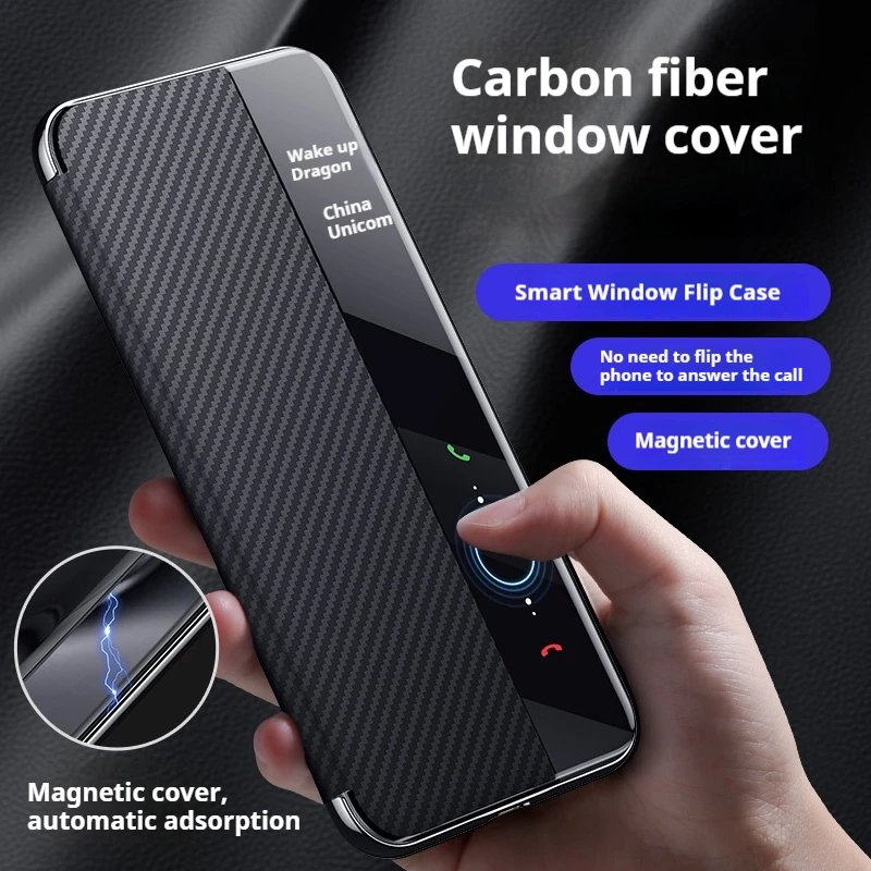 Carbon Fiber Leather Flip Cover Case For HUAWEI Pura 70 Pro Ultra Smart View Wake Sleep Call ID Display