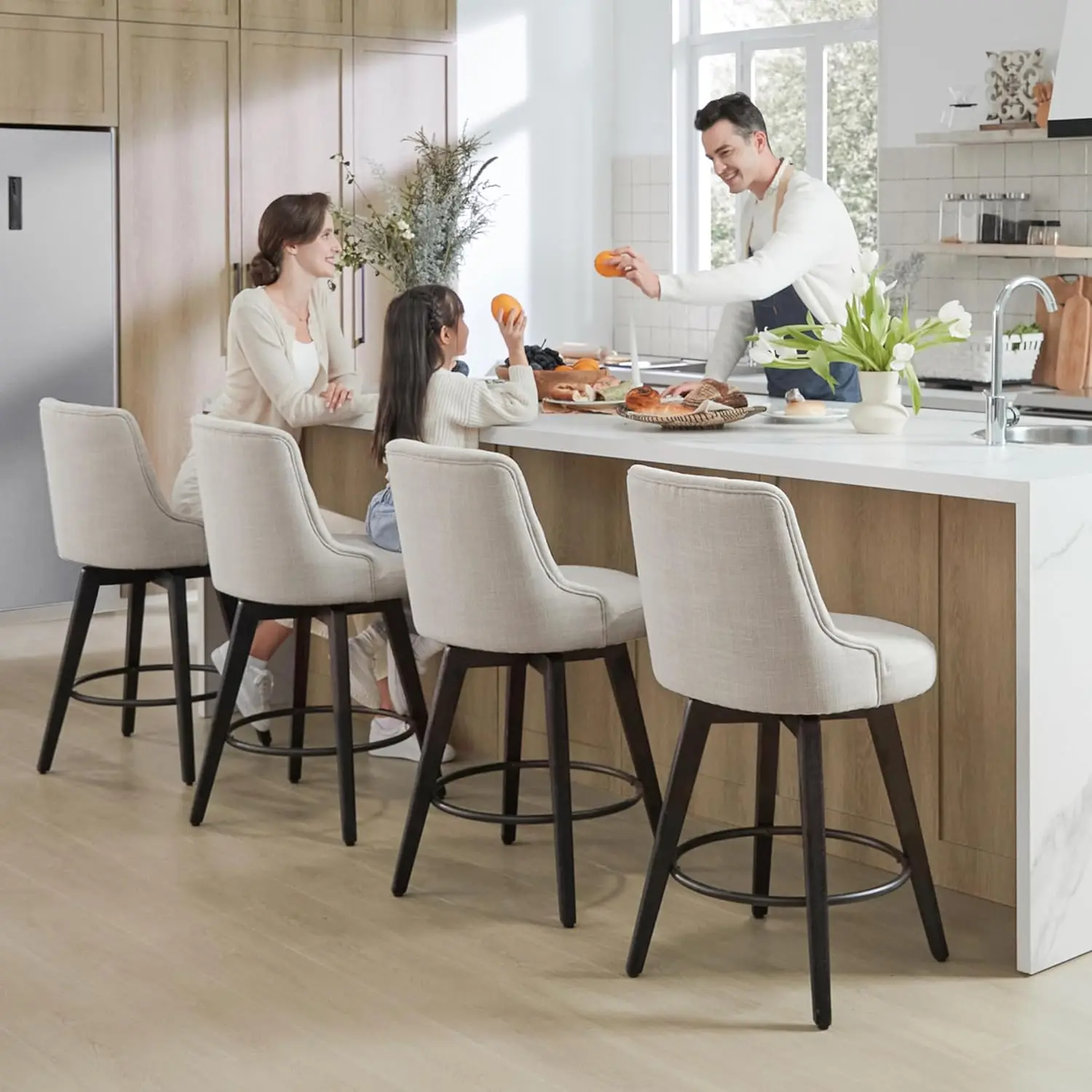 Watson & Whitely Modern Swivel Bar Stools, Performance Fabric Upholstered Counter Height Bar Stools with Back, Solid Wood Legs,