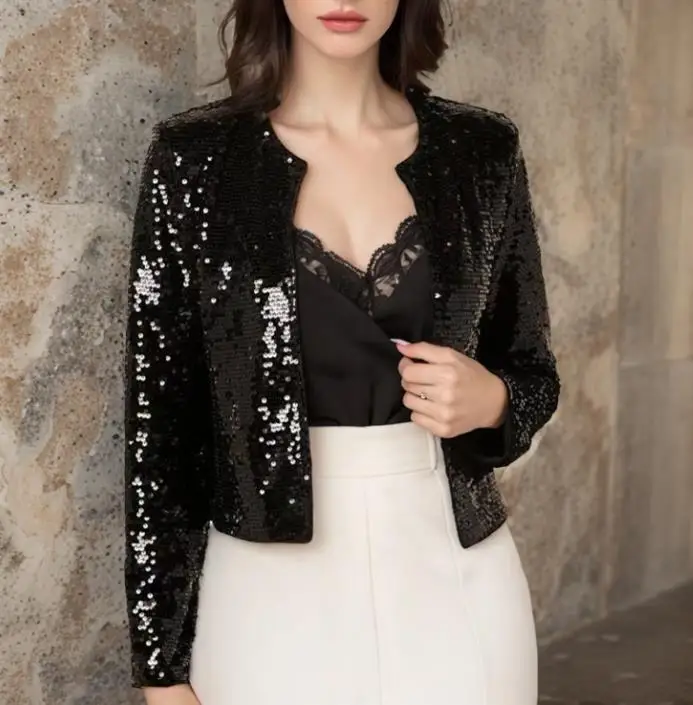 

2025 Spring Top Round Neck Long Sleeve Solid Color Cardigan Casual Versatile Glitter Coat for Women