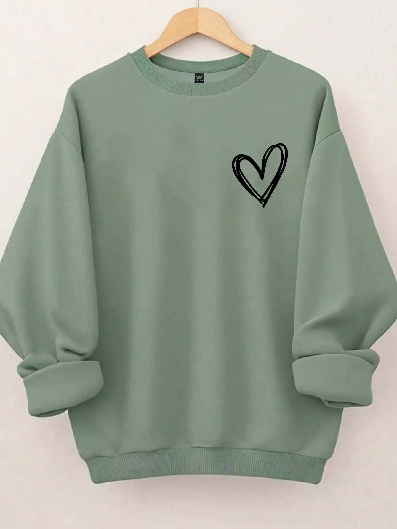 

Оверсайз зеленый свитшот с принтом черного сердца, круглый вырез, повседневный пуловер для женщин на осень-зиму