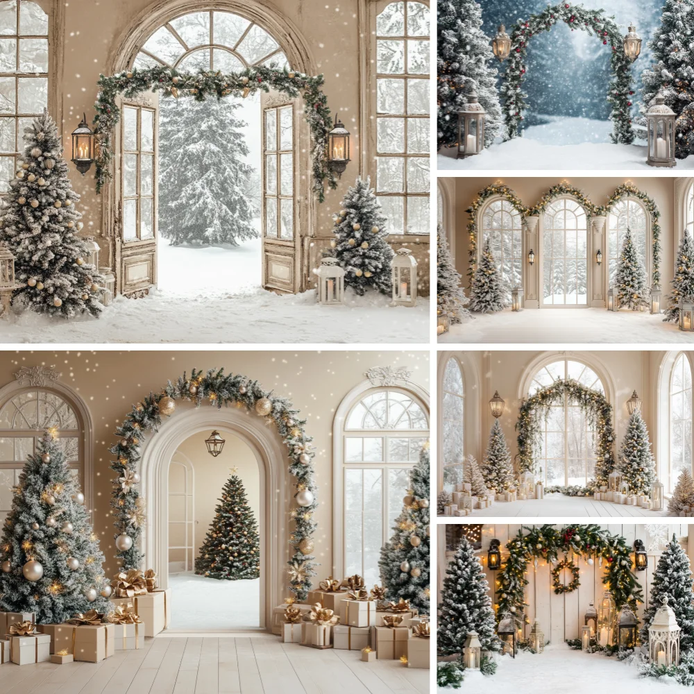 

photography background Christmas Door Backdrop Snowy Arched Xmas Wreath Holiday Background Winter Kid Family Portrait Studio