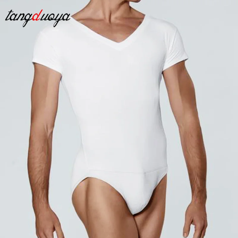 Mens Ballet Short Sleeve Bodysuit V Neck Jumpsuit Crotch Underwear Adult Leotard for Shapewear Mens Gymnastic Leotard Bodysuit