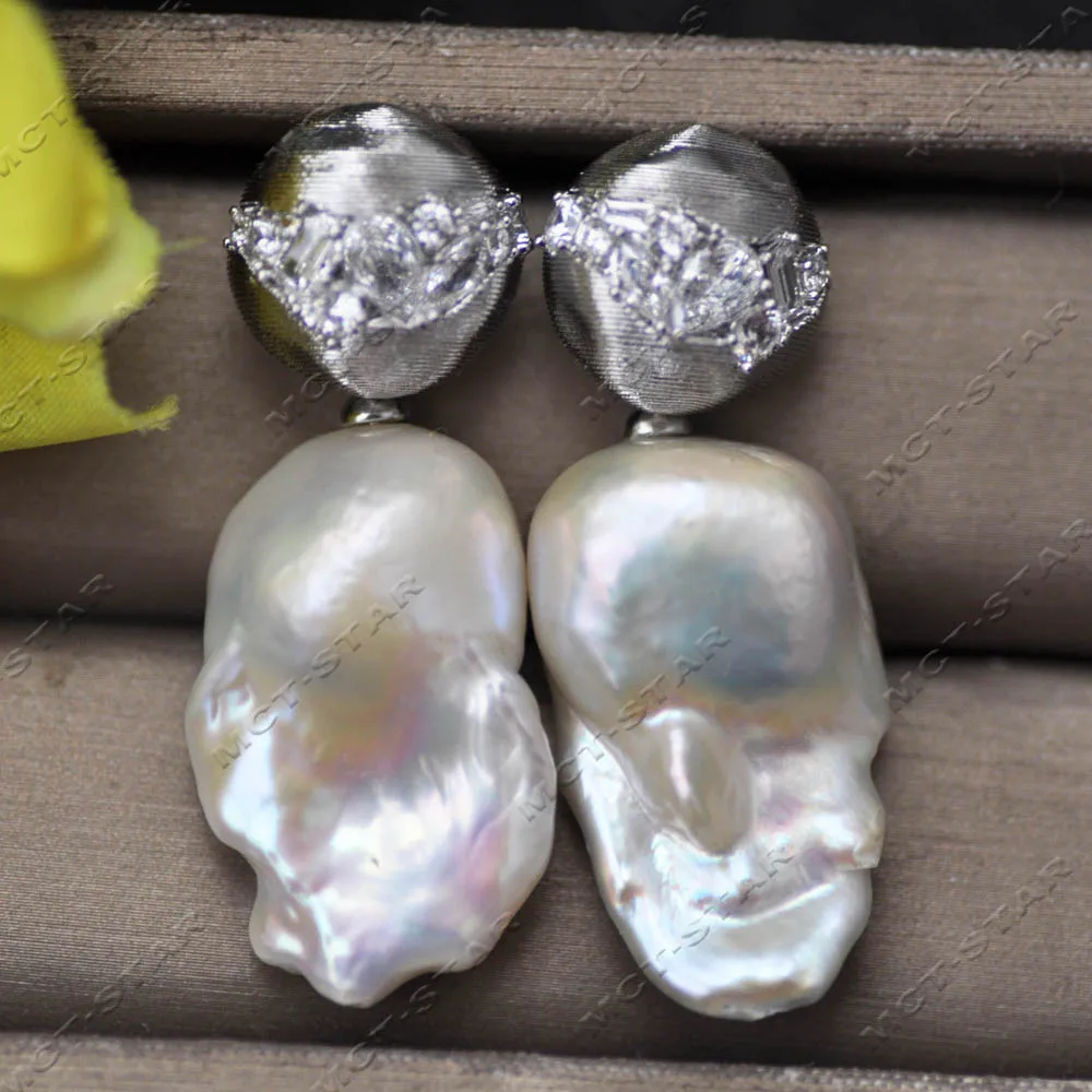 Z14210 Big 32mm White Baroque Reborn Keshi Pearl Planet Fission CZ Dangle Earring Earrings 