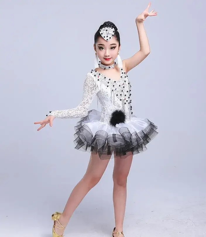 ラテンフラメンコ社交ダンス競技ドレス女の子のためのスパンコールサルサルンバタンゴサンバチャチャドレス子供子供衣装