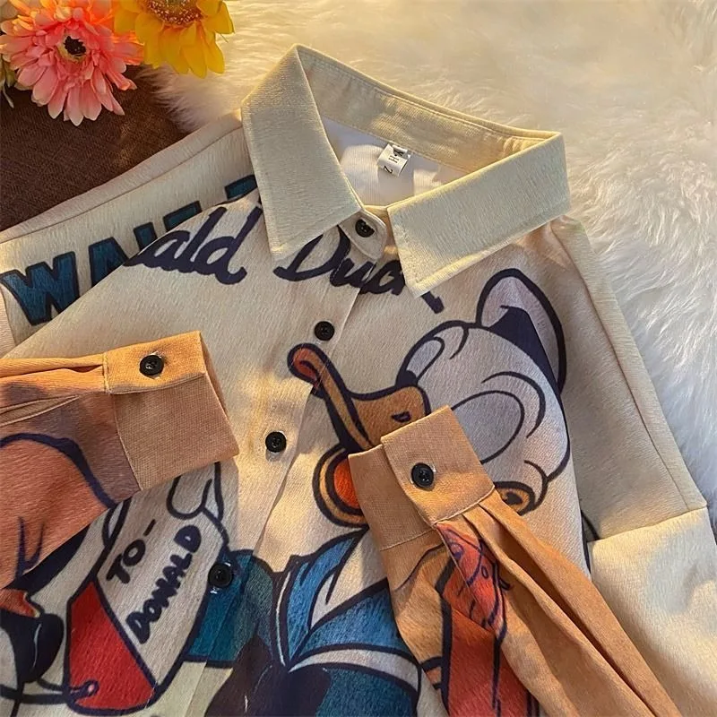 سترة قميص دونالد داك اللطيفة كاواي عصرية ومتعددة الاستخدامات للربيع والخريف قابلة للتنفس برسوم كارتونية كلاسيكية بأكمام طويلة
