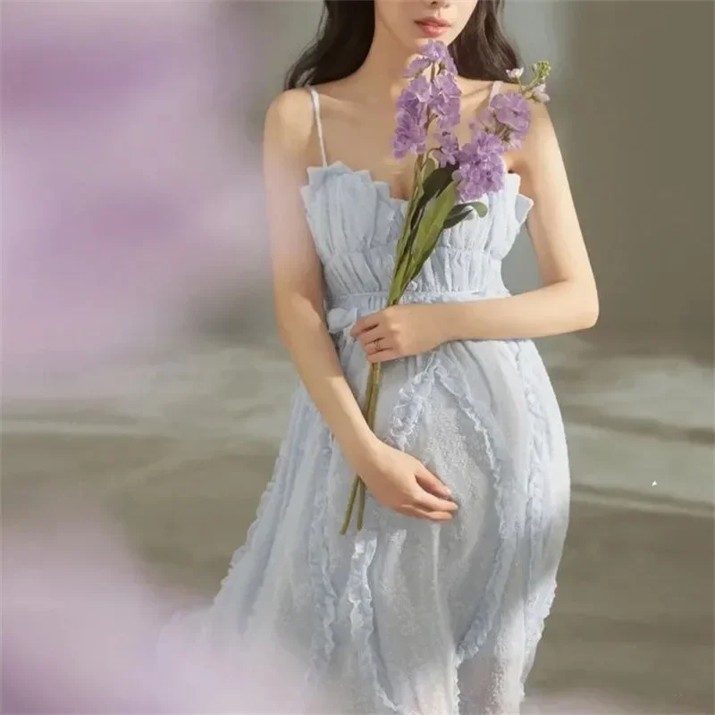 Women Photography Props Sexy V-neck Ruffles Perspective Maternity Dresses Sleeveless Slip Dress For Studio Shooting