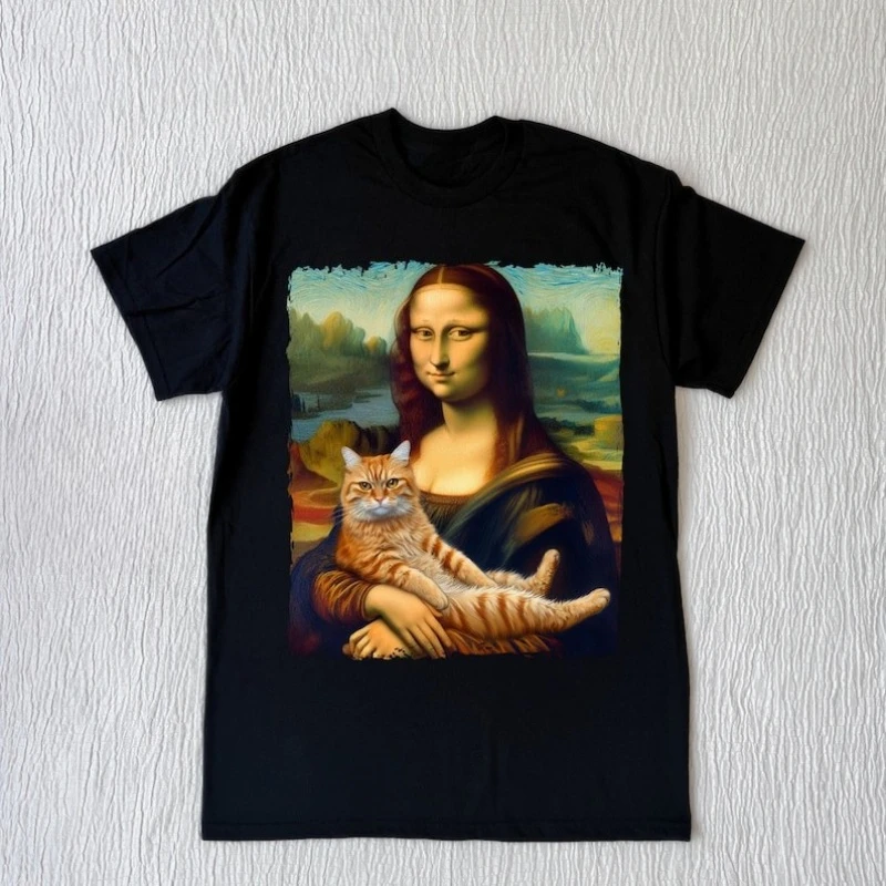

Mona Lisa with Cat Funny Shirt Retro Mona Lisa and Cat T-shirt Vintage 90s Tee Vintage Distressed Women Gift Graphic T Shirts