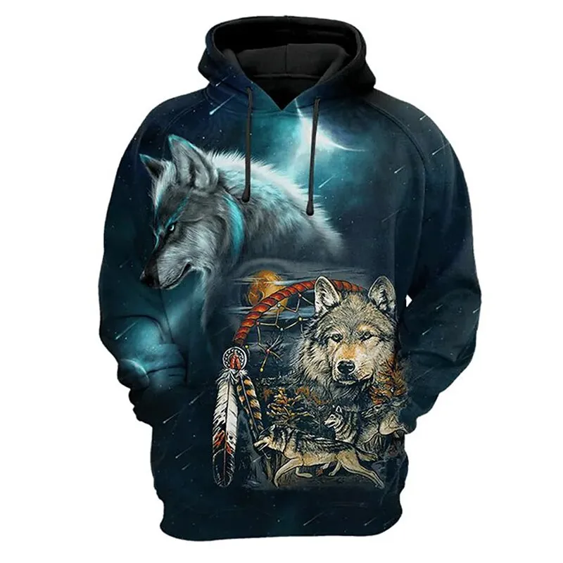 Black and White Wolf Print 3D Men's Hoodies Fashion Animal Pattern Women's Sweatshirts Leisure Essentials Pullover Jackets Coat