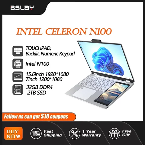 듀얼 스크린 15.6+7인치 노트북 인텔 N100 32GB RAM 2TB SSD DDR4 Win11 지문 잠금 해제 HD 카메라 백라이트 키패드 노트북