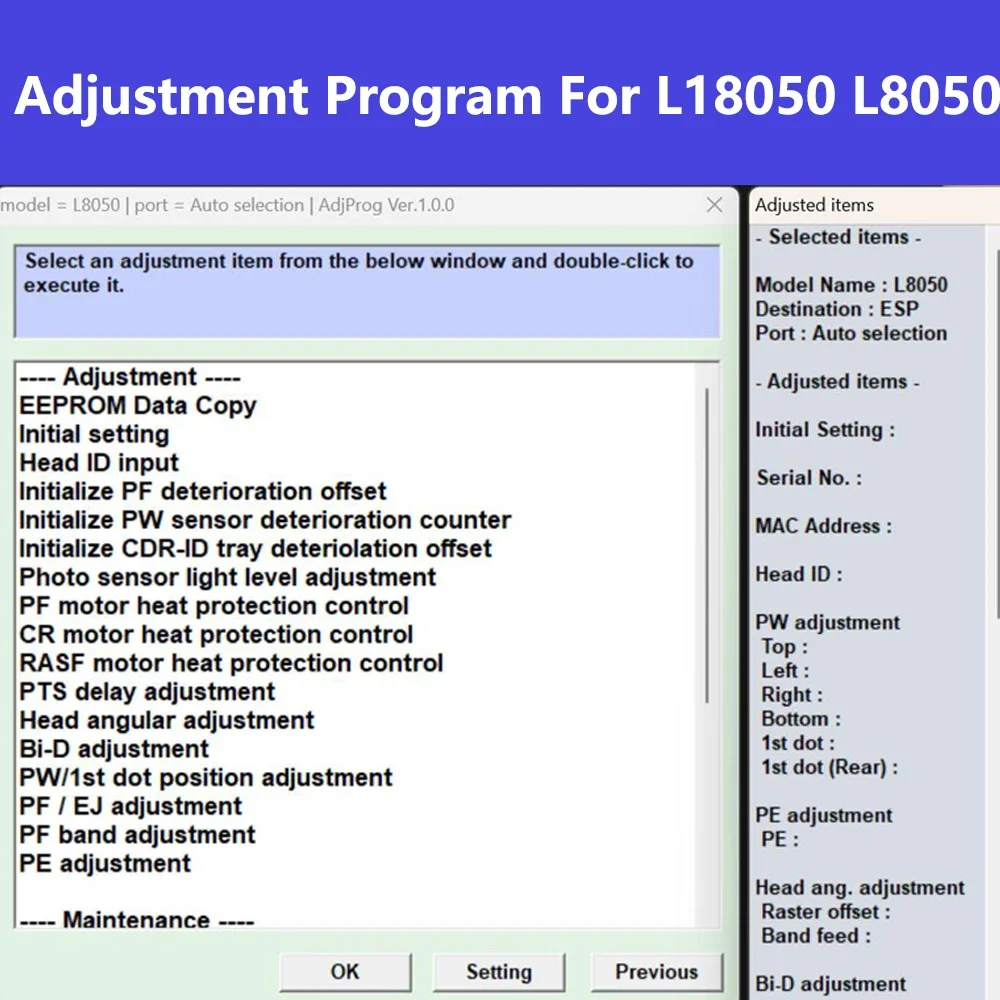 L18050 L8050 Printer Program AdjProg Adjustment Software Code For Epson EcoTank L8050 L18050 L18058 L8058 Technician V1.0.0