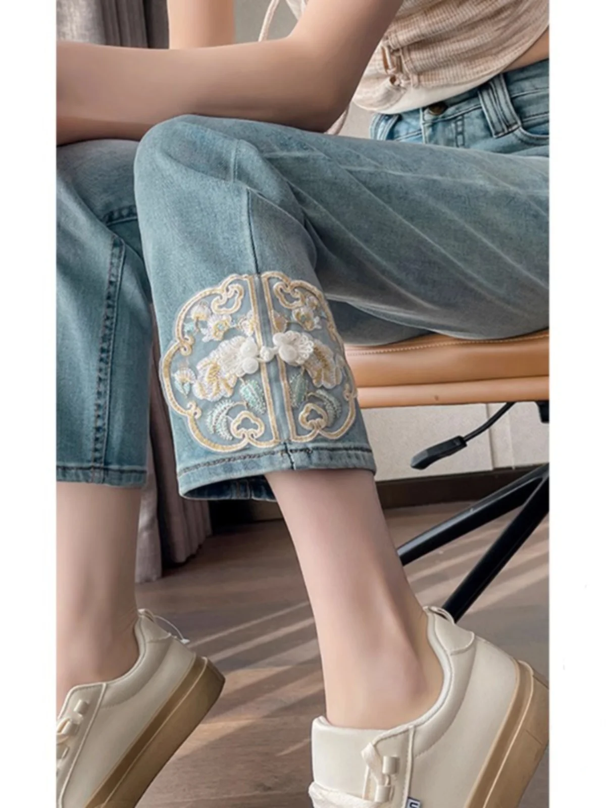 Nieuwe Chinese Sle Geborduurde Denim Jeans Dames Zomer Hoge Taille Slanke Rechte Buis Broek Negen Punt Lange Broek