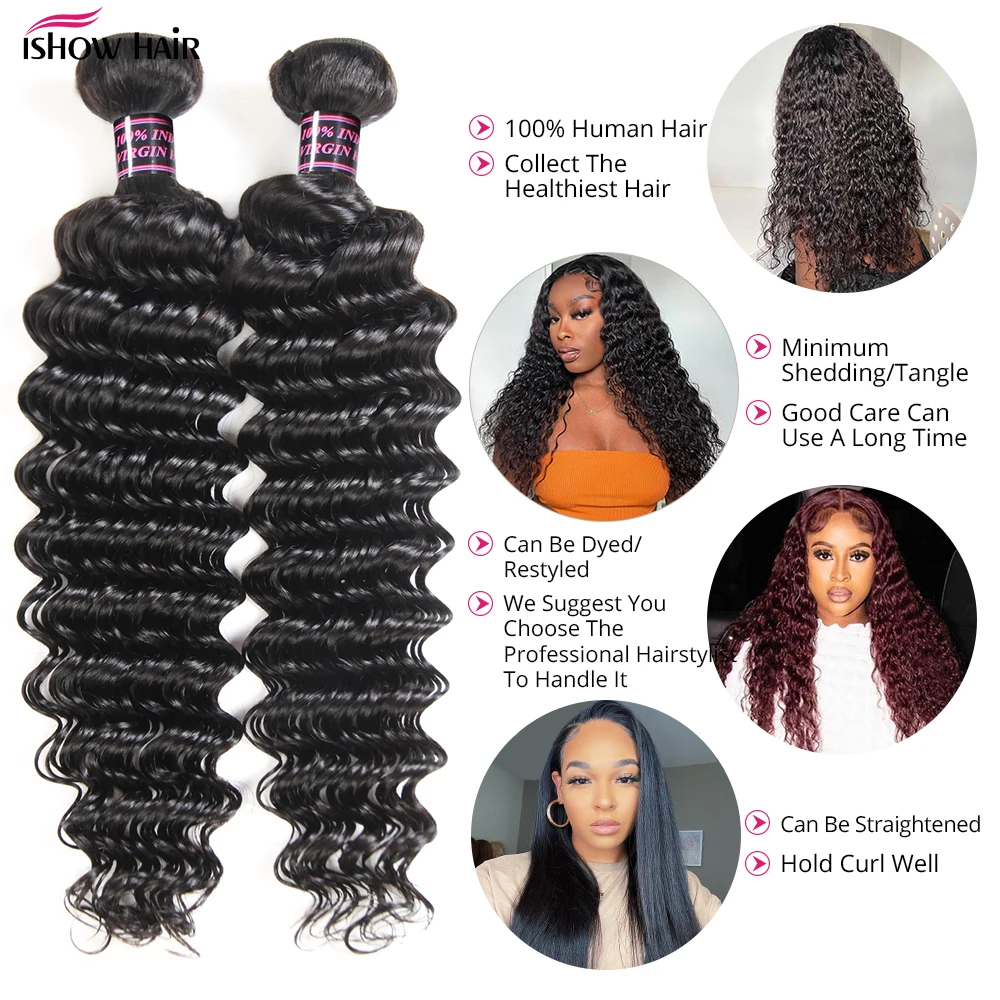 Mèches Deep Wave brésiliennes naturelles Remy – Ishow, 4x4, avec Lace Closure, Extension de cheveux, avec Closure, lots de 3/4, pour femmes