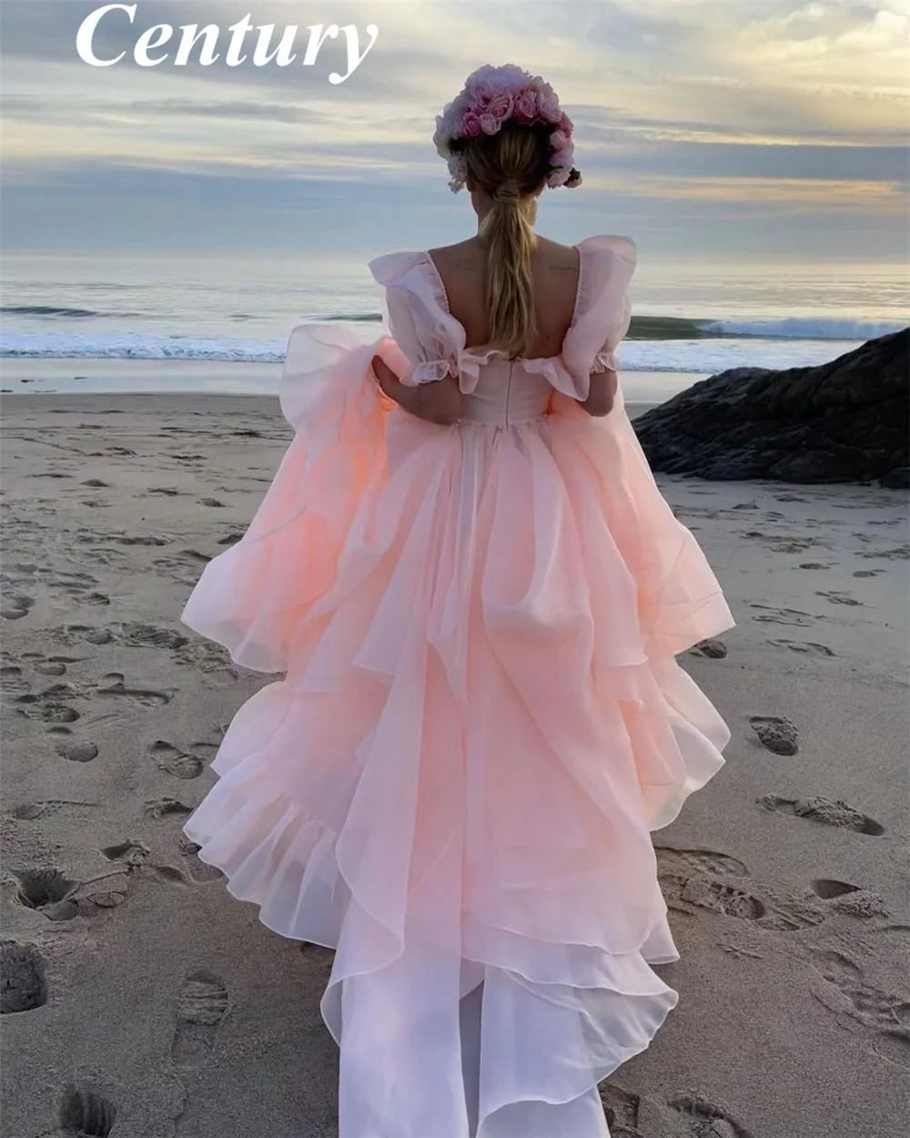 Customized Baby Pink Organza Prom Dress Short Puff Sleeves Ruffles Prom Party Gown Slit Princess Formal Women Party Dresses 2022