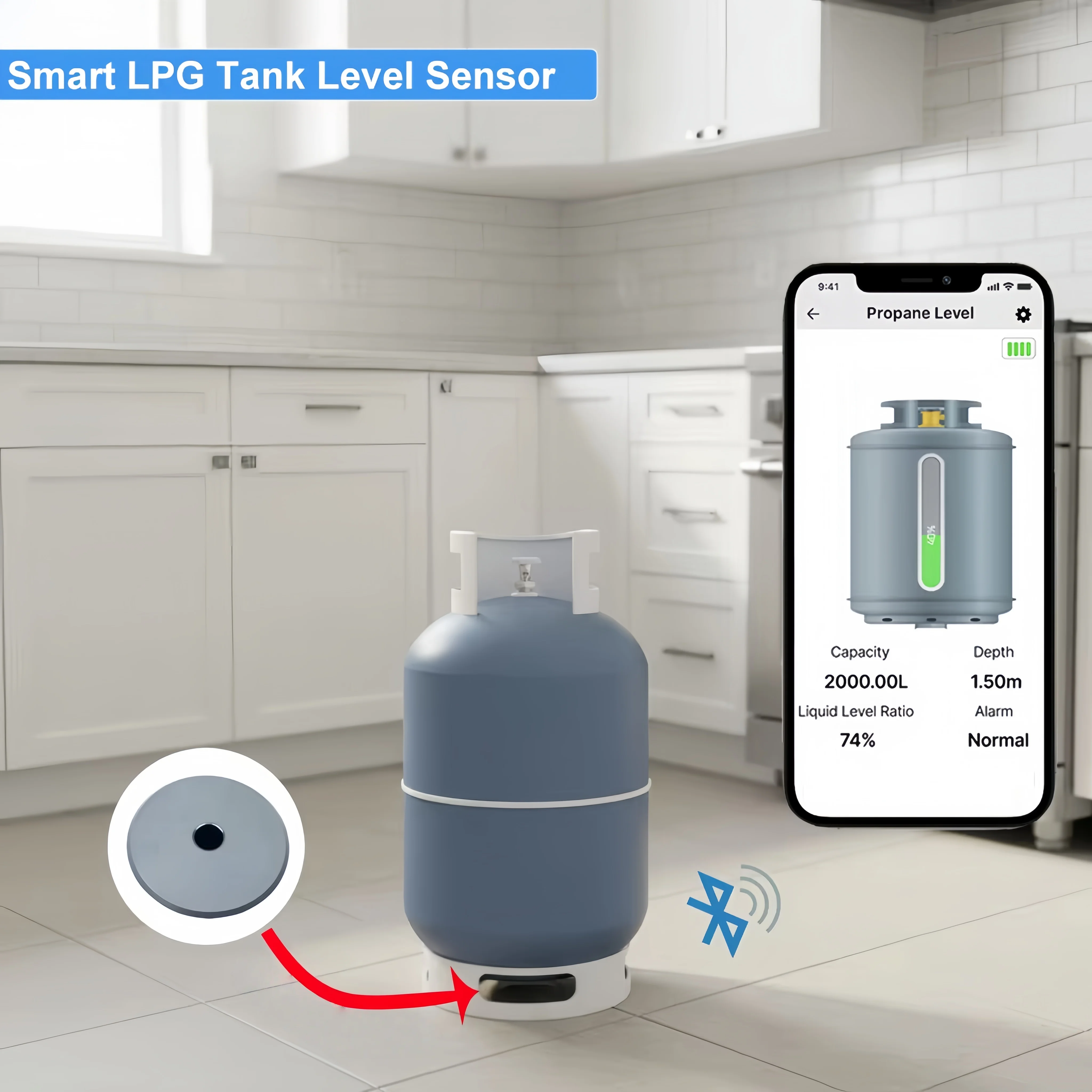 Wireless Smart LPG Tank Level Sensor, Magnetic Base, BT & WiFi Connection, Real‑Time Cylinder Monitoring, IoT Application